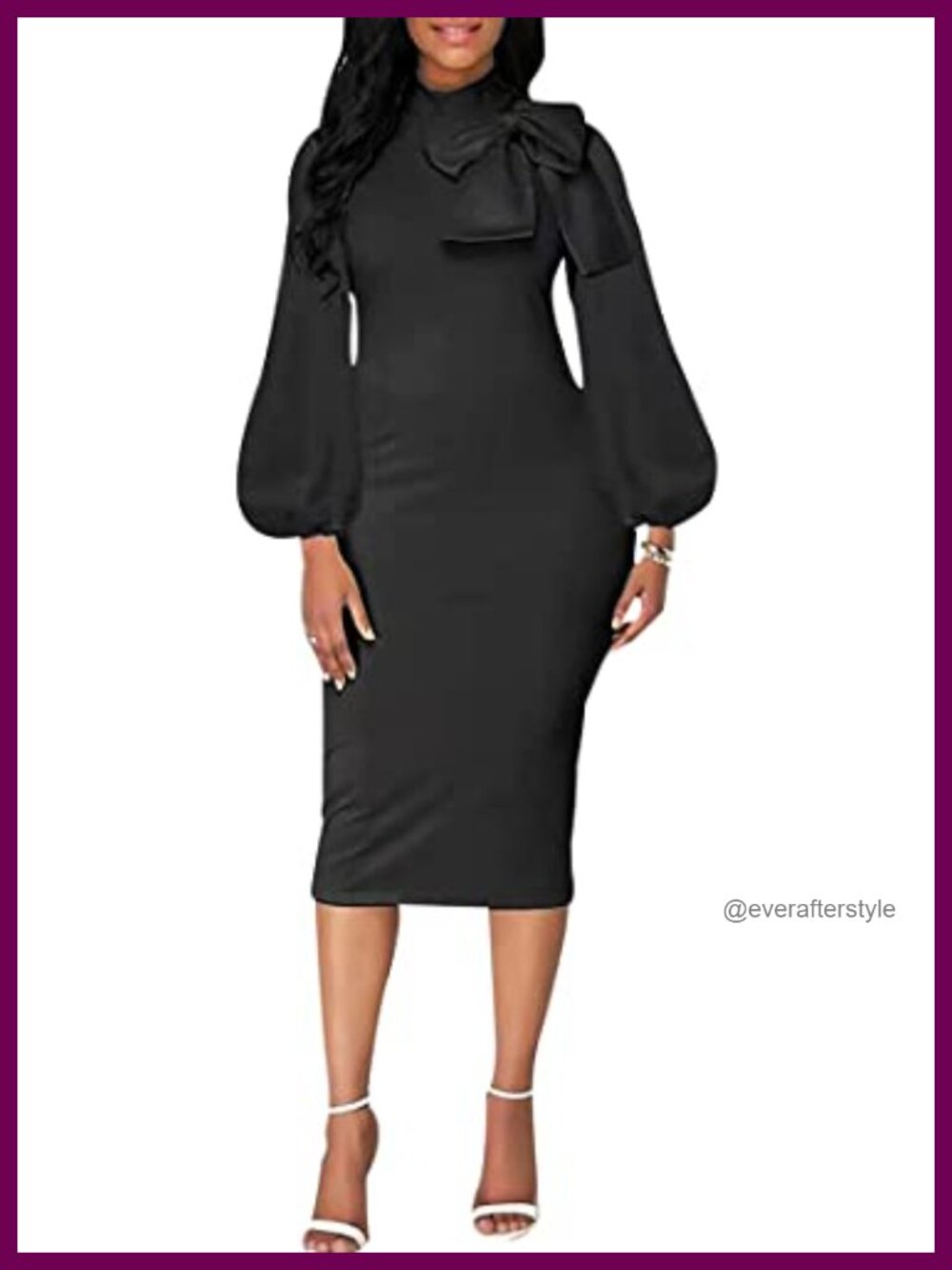 LalaLin Long Sleeve Bow Knot Bodycon Midi Dress Turtleneck Semi Formal